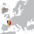 Principality of Andorra Location Map on map Europe. 3d Andorra flag map marker location pin. High quality map of Andorra.
